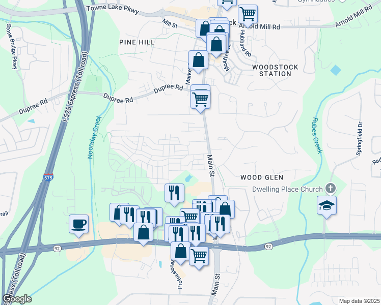 map of restaurants, bars, coffee shops, grocery stores, and more near 200 Dawson Drive in Woodstock