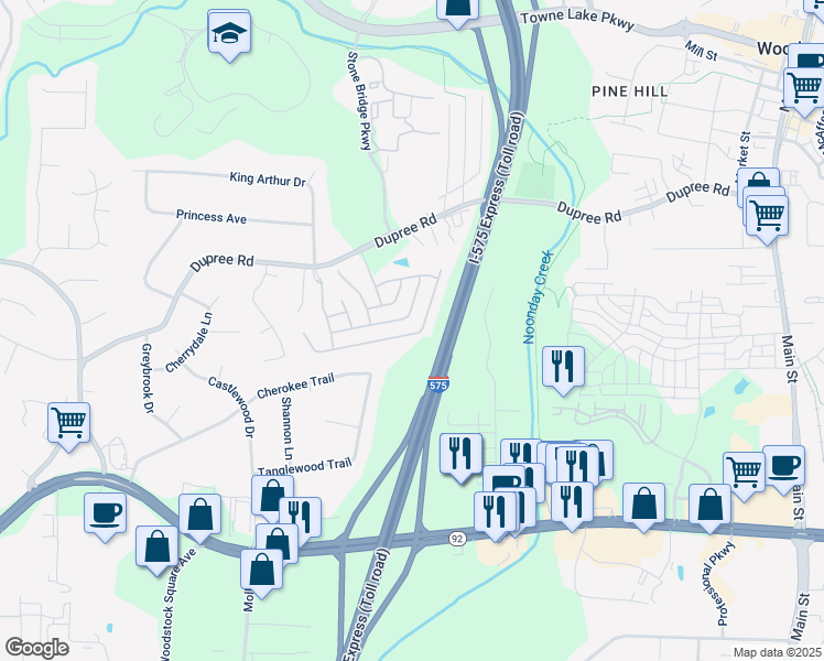map of restaurants, bars, coffee shops, grocery stores, and more near 690 Stickley Oak Way in Woodstock