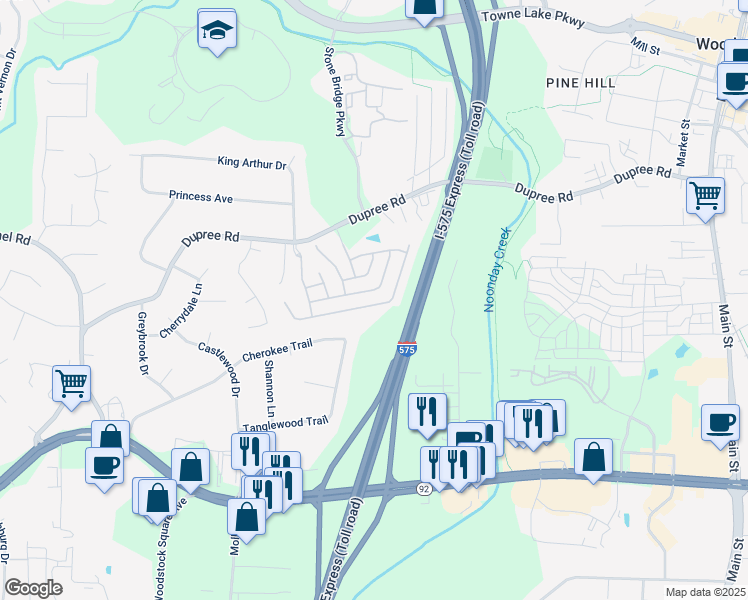 map of restaurants, bars, coffee shops, grocery stores, and more near 698 Stickley Oak Way in Woodstock