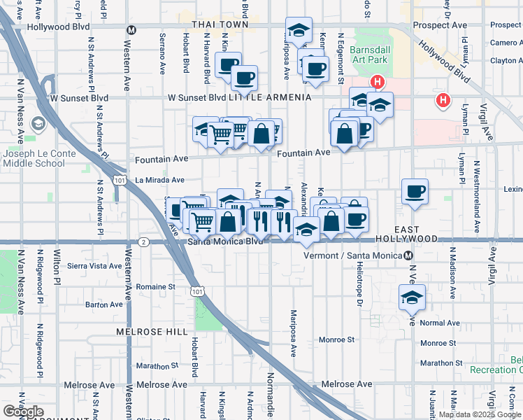 map of restaurants, bars, coffee shops, grocery stores, and more near 1165 North Normandie Avenue in Los Angeles