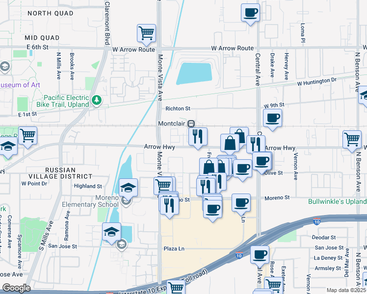 map of restaurants, bars, coffee shops, grocery stores, and more near 4968 Arrow Highway in Montclair