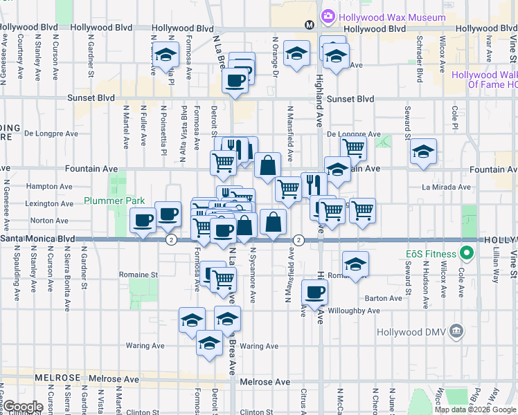 map of restaurants, bars, coffee shops, grocery stores, and more near 1154 North Sycamore Avenue in Los Angeles