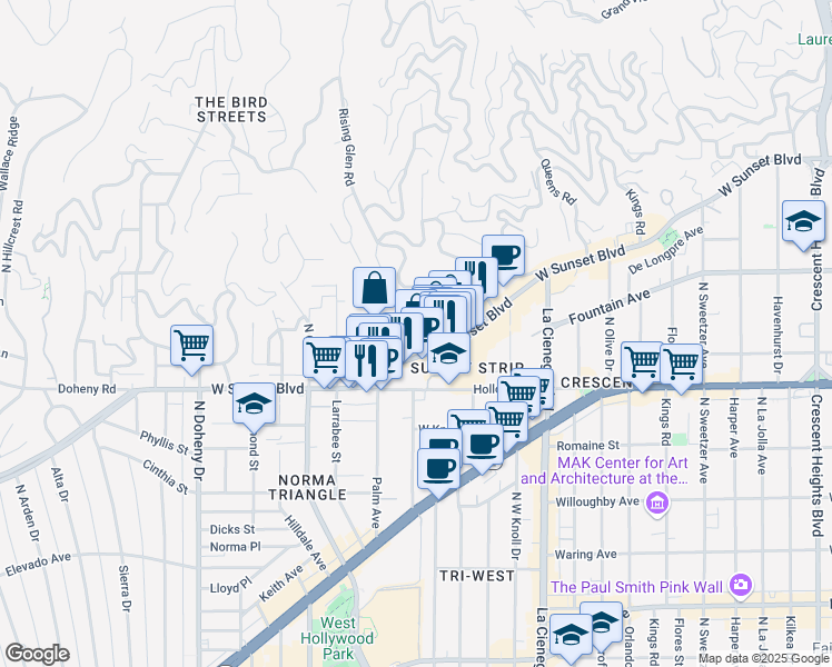 map of restaurants, bars, coffee shops, grocery stores, and more near 8724 Shoreham Drive in West Hollywood