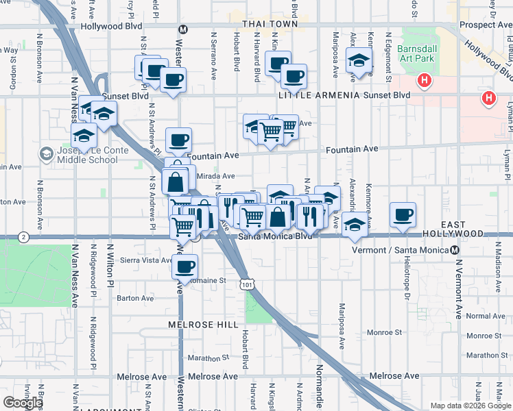 map of restaurants, bars, coffee shops, grocery stores, and more near 1160 North Hobart Boulevard in Los Angeles