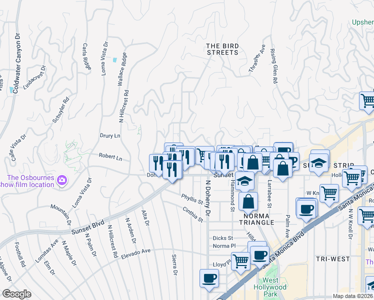 map of restaurants, bars, coffee shops, grocery stores, and more near 1210 North Doheny Drive in Los Angeles
