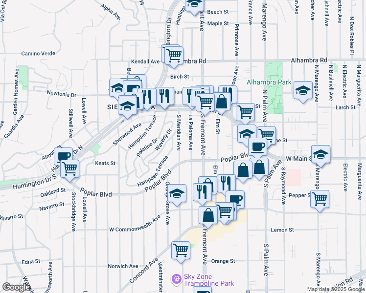 map of restaurants, bars, coffee shops, grocery stores, and more near 221 La Paloma Avenue in Alhambra