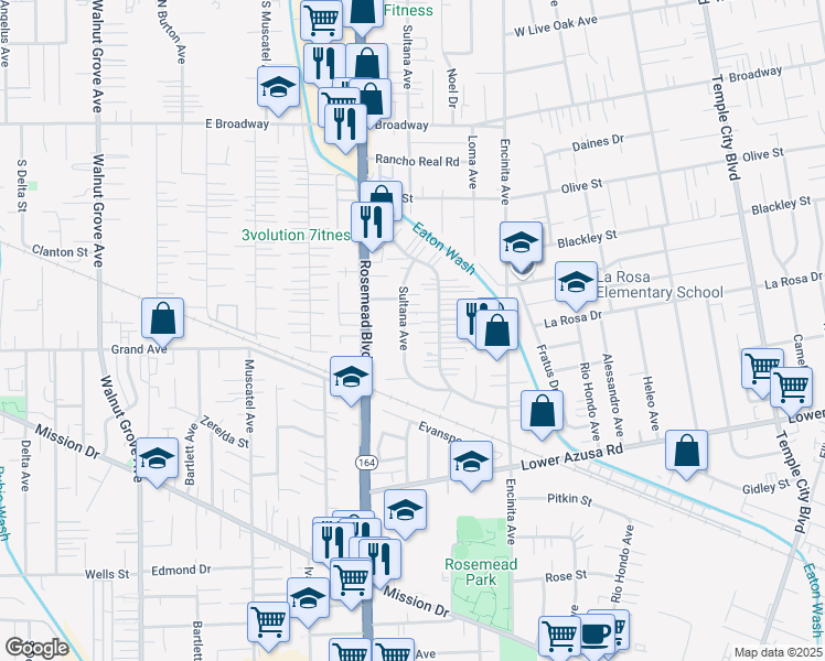 map of restaurants, bars, coffee shops, grocery stores, and more near 5056 Sultana Avenue in Temple City