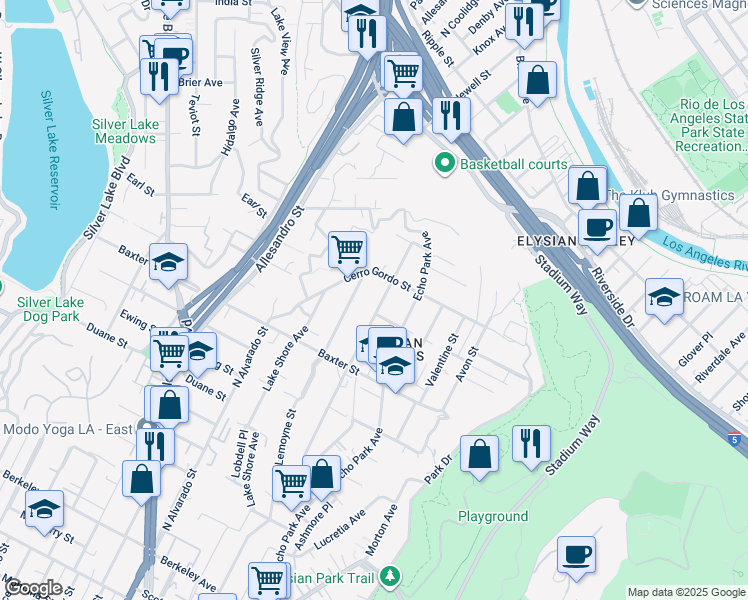 map of restaurants, bars, coffee shops, grocery stores, and more near 2213 Vestal Avenue in Los Angeles