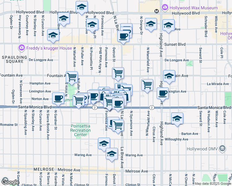 map of restaurants, bars, coffee shops, grocery stores, and more near 2 North Detroit Street in Los Angeles