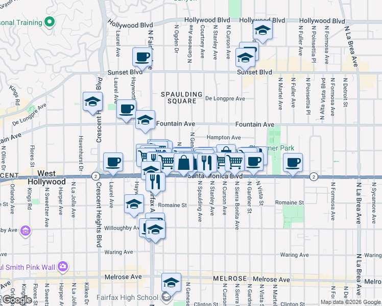 map of restaurants, bars, coffee shops, grocery stores, and more near 1157 North Genesee Avenue in West Hollywood