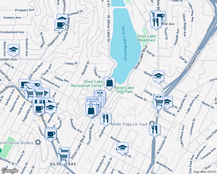 map of restaurants, bars, coffee shops, grocery stores, and more near 1850 West Silver Lake Drive in Los Angeles