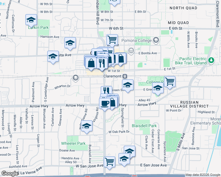 map of restaurants, bars, coffee shops, grocery stores, and more near 328 West Green Street in Claremont