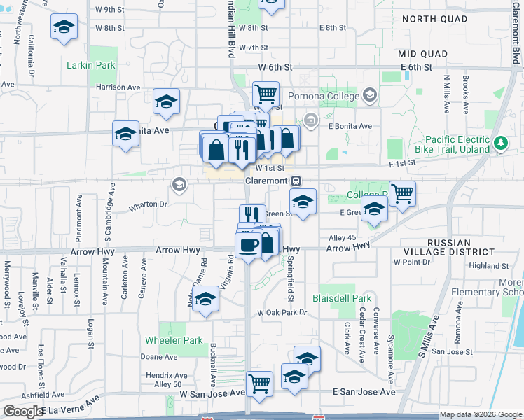 map of restaurants, bars, coffee shops, grocery stores, and more near 311 West Green Street in Claremont