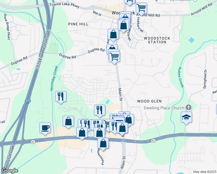 map of restaurants, bars, coffee shops, grocery stores, and more near 200 Dawson Drive in Woodstock