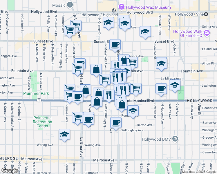 map of restaurants, bars, coffee shops, grocery stores, and more near 1140 North Citrus Avenue in Los Angeles