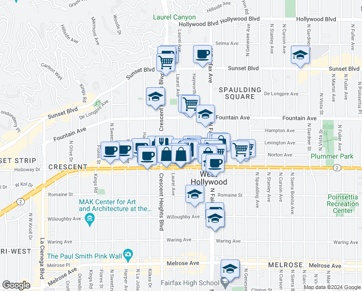 map of restaurants, bars, coffee shops, grocery stores, and more near 1218 North Laurel Avenue in West Hollywood