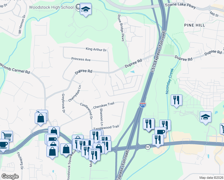 map of restaurants, bars, coffee shops, grocery stores, and more near 724 Stickley Oak Way in Woodstock