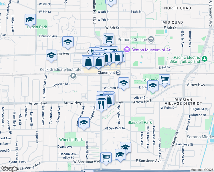 map of restaurants, bars, coffee shops, grocery stores, and more near 311 West Green Street in Claremont