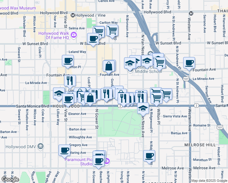 map of restaurants, bars, coffee shops, grocery stores, and more near 1144 Gordon Street in Los Angeles