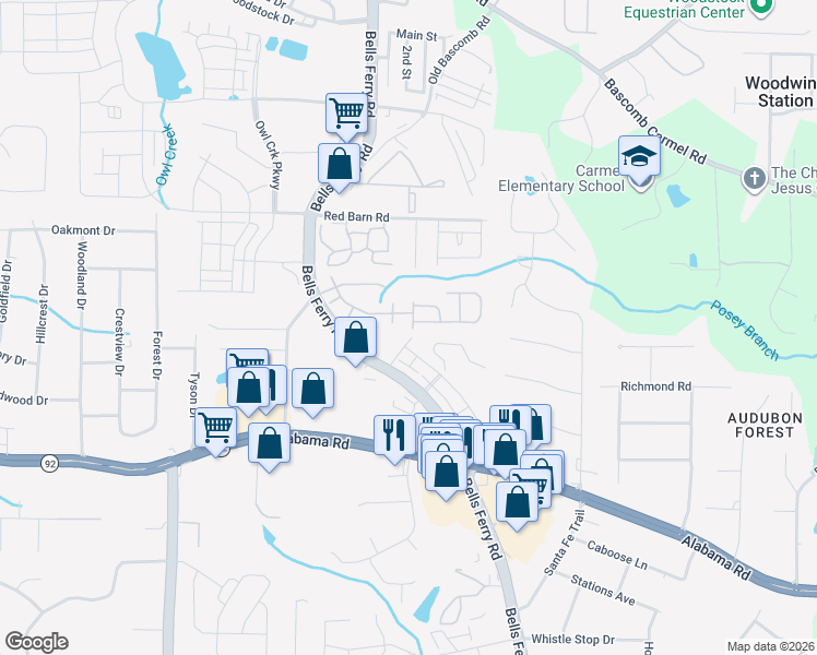 map of restaurants, bars, coffee shops, grocery stores, and more near 710 Pineglen Drive in Acworth