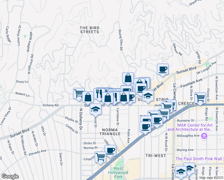 map of restaurants, bars, coffee shops, grocery stores, and more near 1147 North Clark Street in West Hollywood