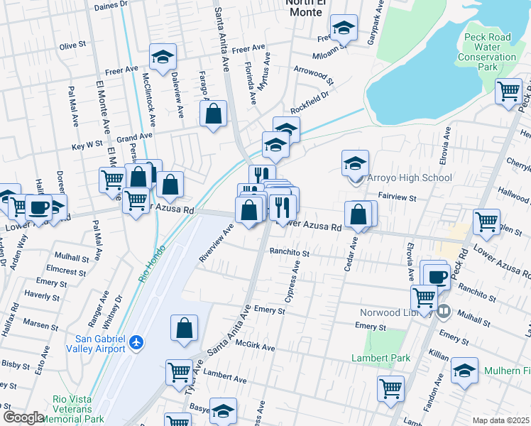 map of restaurants, bars, coffee shops, grocery stores, and more near 11010 Lower Azusa Road in El Monte