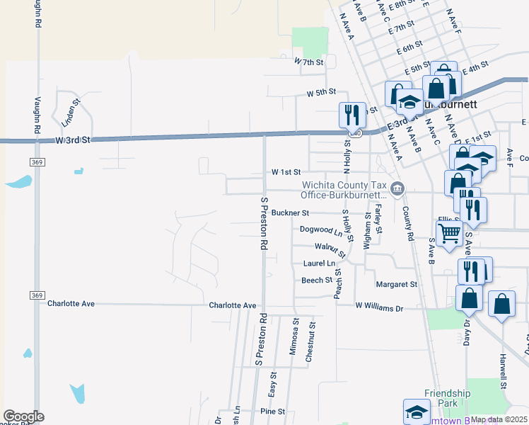 map of restaurants, bars, coffee shops, grocery stores, and more near 112 South Preston Road in Burkburnett
