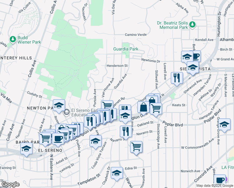 map of restaurants, bars, coffee shops, grocery stores, and more near 5148 Wadena Street in Los Angeles