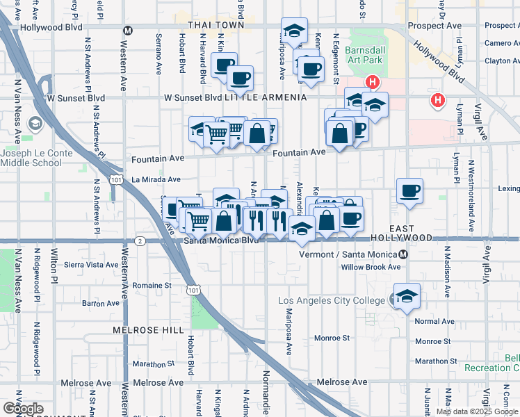 map of restaurants, bars, coffee shops, grocery stores, and more near 1137 North Normandie Avenue in Los Angeles