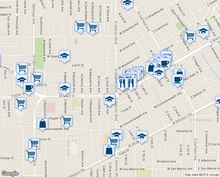 map of restaurants, bars, coffee shops, grocery stores, and more near 24 North Olive Avenue in Alhambra
