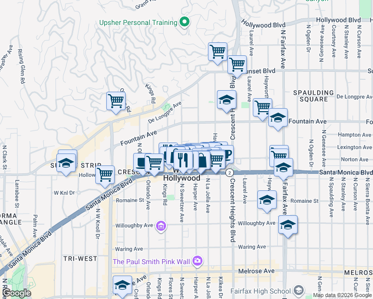 map of restaurants, bars, coffee shops, grocery stores, and more near 8261 Norton Avenue in West Hollywood
