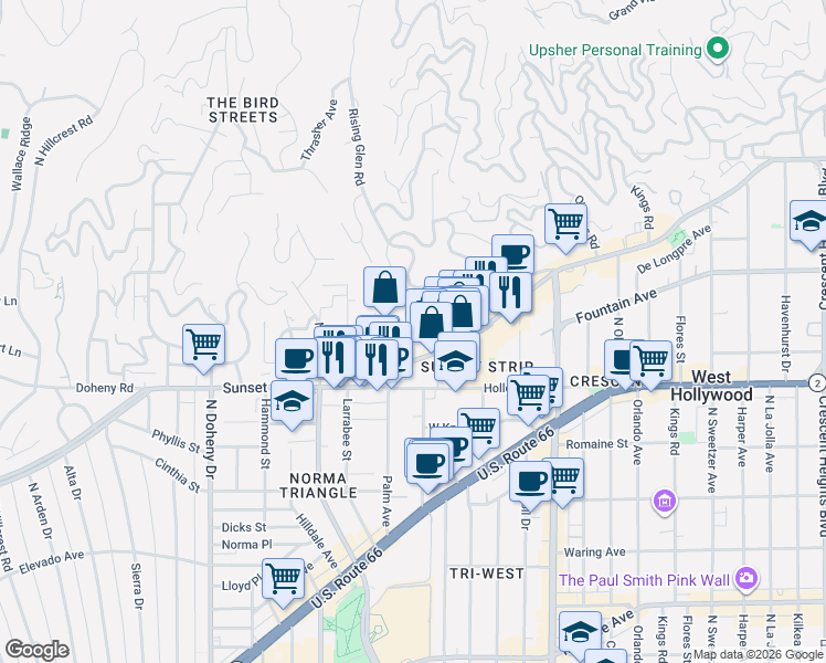 map of restaurants, bars, coffee shops, grocery stores, and more near 1124 N Sherbourne Dr in West Hollywood
