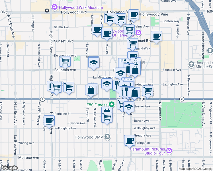 map of restaurants, bars, coffee shops, grocery stores, and more near 6446 Lexington Avenue in Los Angeles