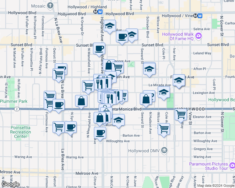 map of restaurants, bars, coffee shops, grocery stores, and more near 1145 North Las Palmas Avenue in Los Angeles