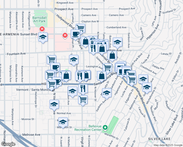 map of restaurants, bars, coffee shops, grocery stores, and more near 1150 North Commonwealth Avenue in Los Angeles