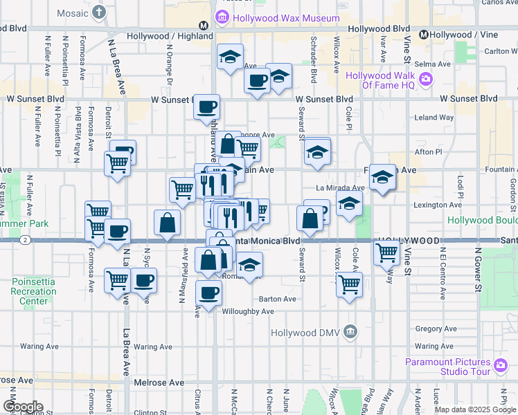 map of restaurants, bars, coffee shops, grocery stores, and more near 1145 North Las Palmas Avenue in Los Angeles