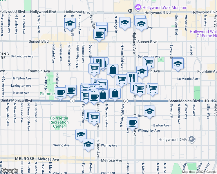 map of restaurants, bars, coffee shops, grocery stores, and more near 2 Lexington Avenue in Los Angeles