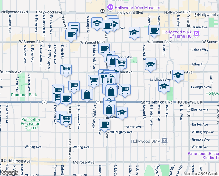 map of restaurants, bars, coffee shops, grocery stores, and more near 1145 North McCadden Place in Los Angeles