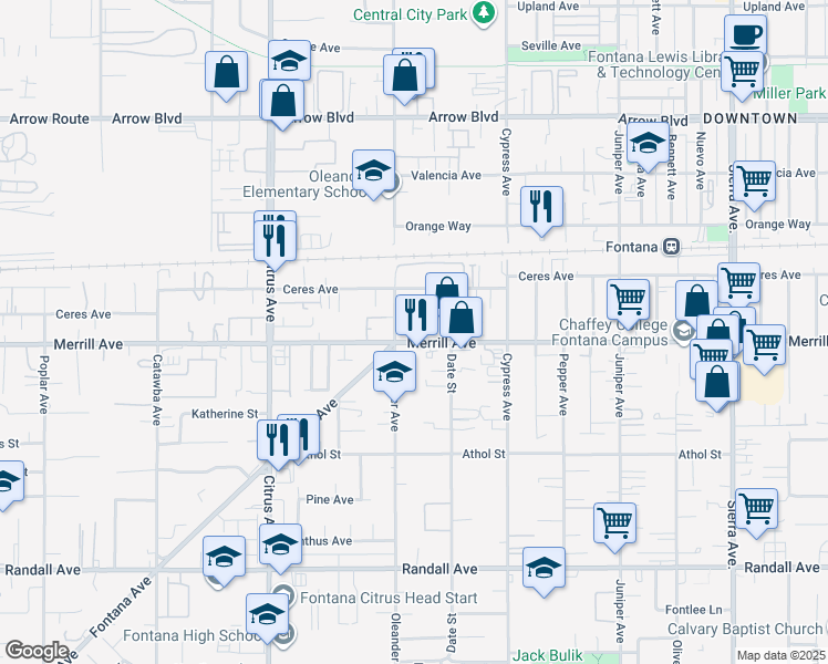 map of restaurants, bars, coffee shops, grocery stores, and more near 16324 Merrill Avenue in Fontana