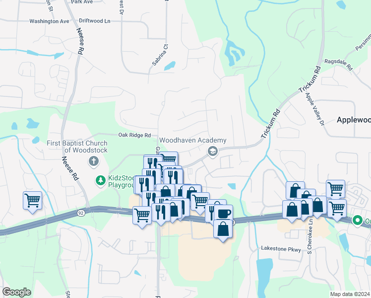 map of restaurants, bars, coffee shops, grocery stores, and more near 126 Aucilla Lane in Woodstock