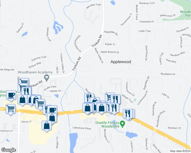 map of restaurants, bars, coffee shops, grocery stores, and more near 177 Weatherstone Drive in Woodstock