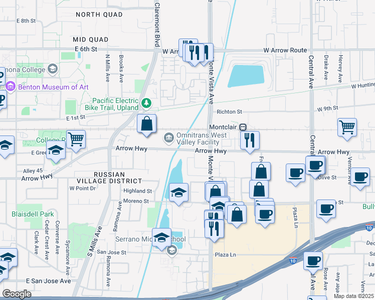 map of restaurants, bars, coffee shops, grocery stores, and more near 4799 Arrow Highway in Montclair