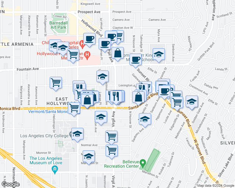 map of restaurants, bars, coffee shops, grocery stores, and more near 1154 North Virgil Avenue in Los Angeles