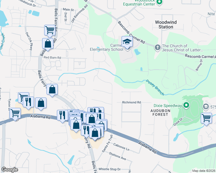 map of restaurants, bars, coffee shops, grocery stores, and more near 404 Hunters Lane in Woodstock
