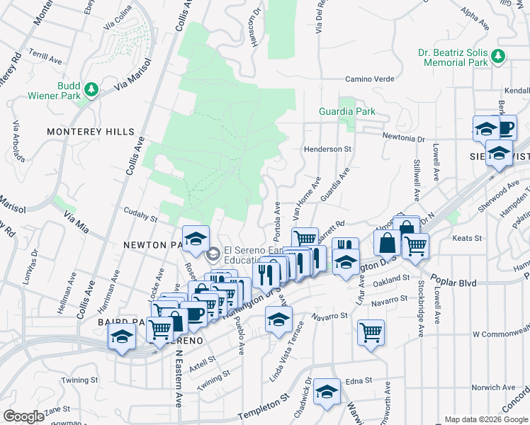 map of restaurants, bars, coffee shops, grocery stores, and more near 4052 Jennings Drive in Los Angeles