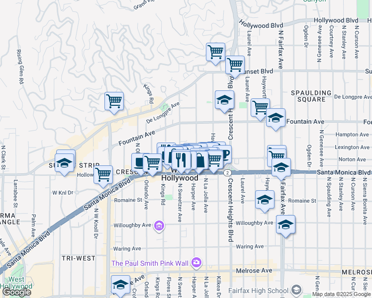 map of restaurants, bars, coffee shops, grocery stores, and more near 1230 North Sweetzer Avenue in West Hollywood