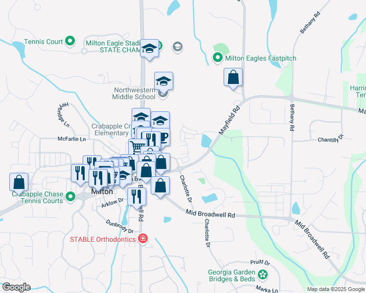 map of restaurants, bars, coffee shops, grocery stores, and more near 2062 Cortland Road in Milton