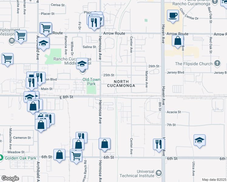 map of restaurants, bars, coffee shops, grocery stores, and more near 10390 Commerce Center Drive in Rancho Cucamonga