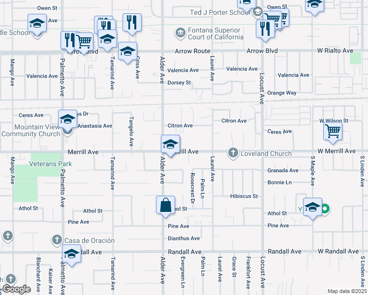 map of restaurants, bars, coffee shops, grocery stores, and more near 17790 Merrill Avenue in Fontana
