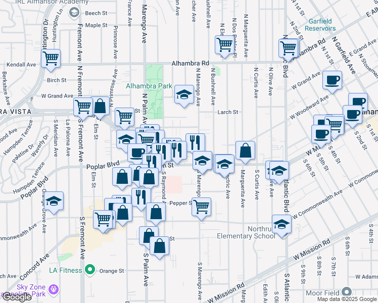 map of restaurants, bars, coffee shops, grocery stores, and more near 1718 Vine Street in Alhambra